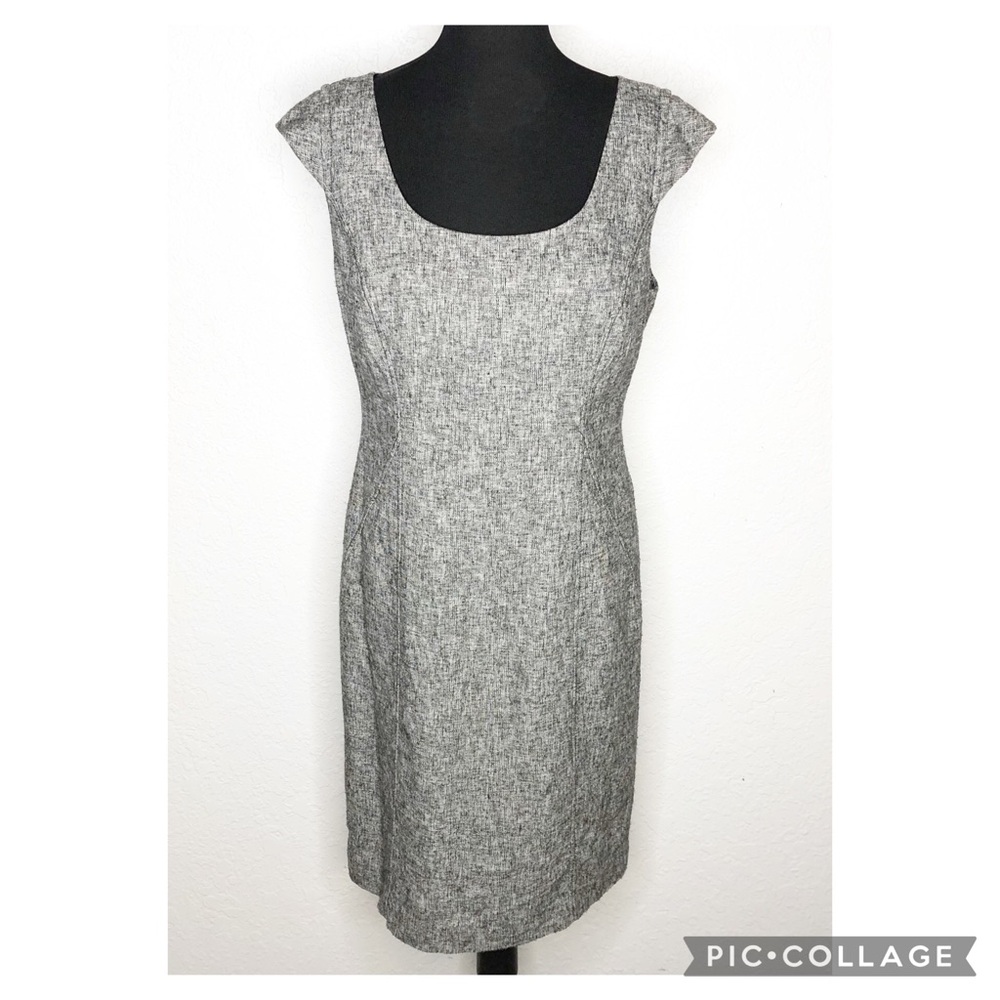 Ann Taylor gray black tweed scoop neck cap sleeve sheath dress classic office